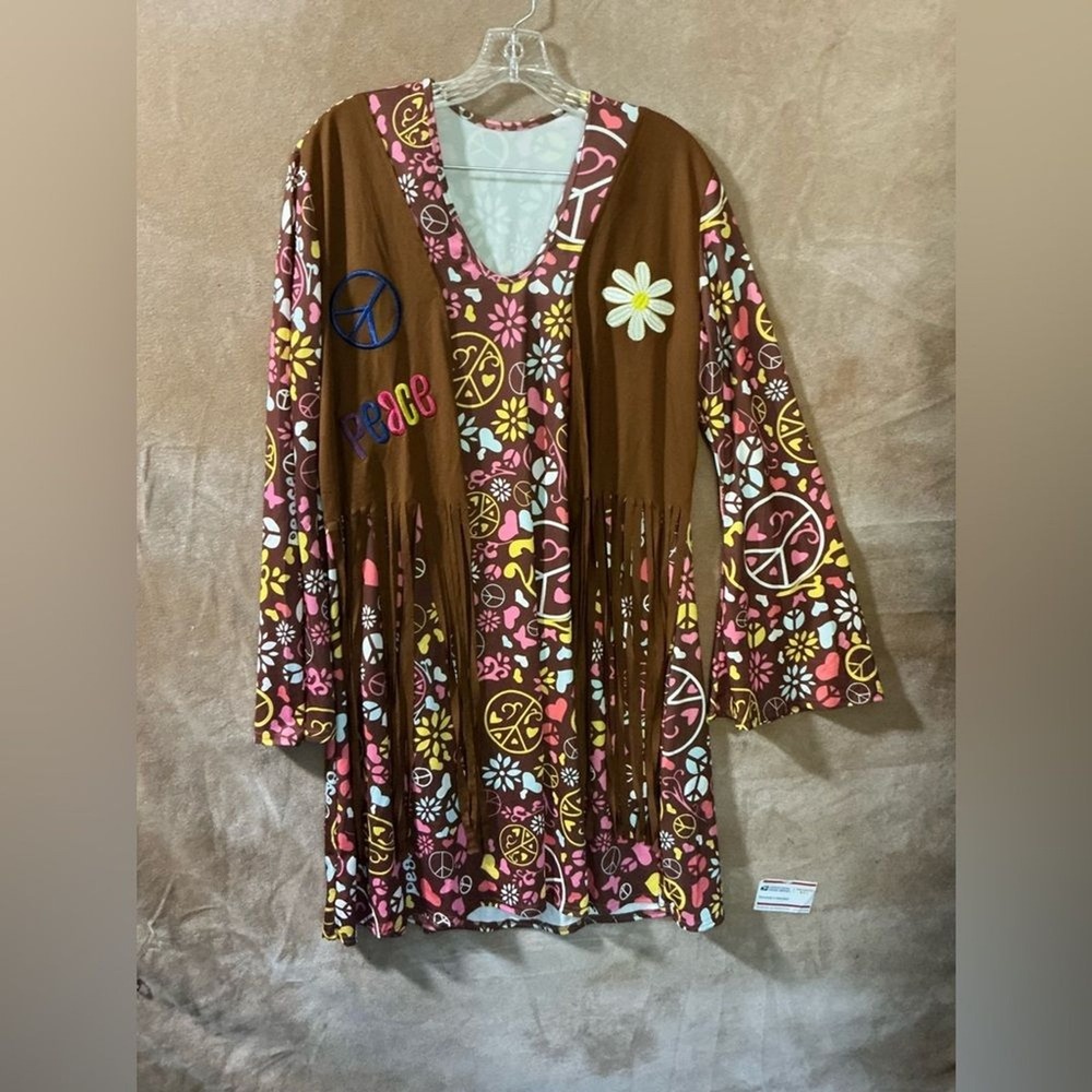 70's party groovy holloween peace love Brown Floral Dress size 16 - Picture 1 of 8